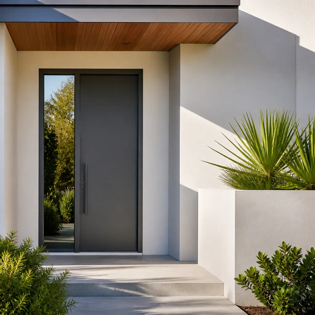Modern front door installation with minimalist design and glass sidelight
