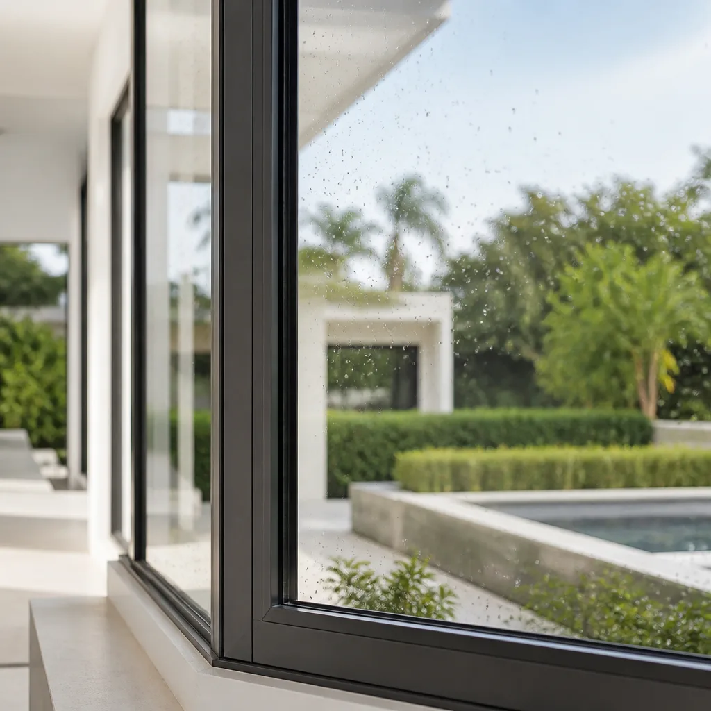 Modern black-framed window installation overlooking a luxury backyard pool and garden