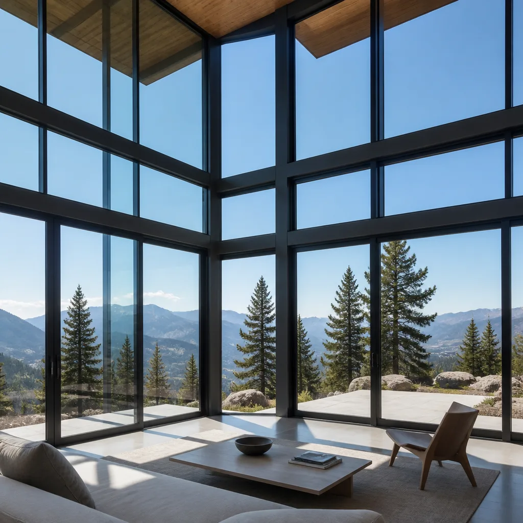 Modern floor to ceiling window wall installation in mountain home