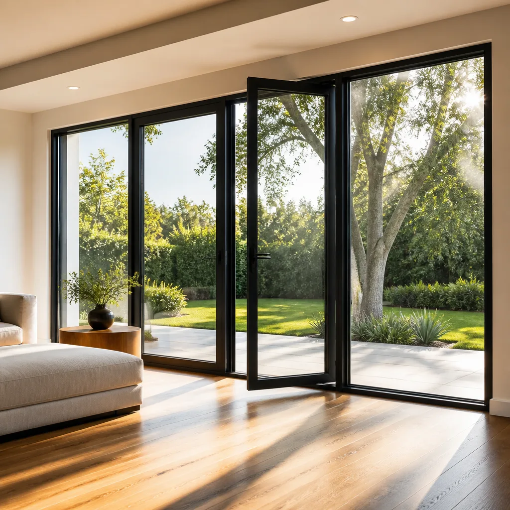 Modern black-framed folding patio doors opening into a sunlit backyard